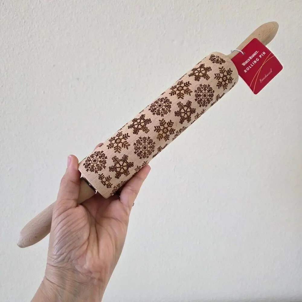 World Market Snowflake Embossed Wooden Rolling Pin Christmas Cookie Baking